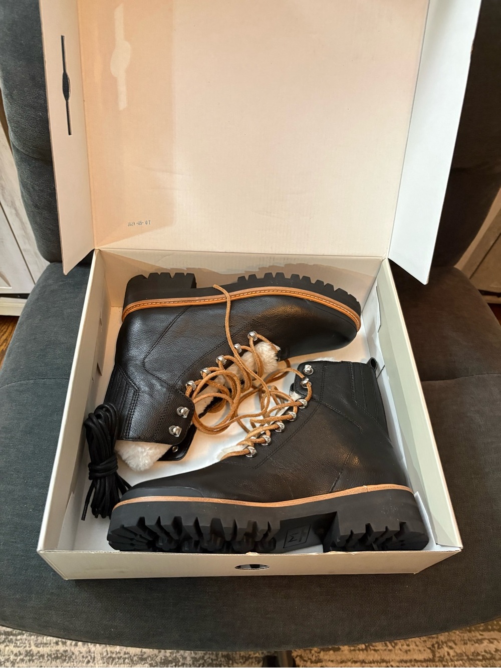 Marc Fisher Black Leather Lace-Up Ankle Boots with Tan Laces